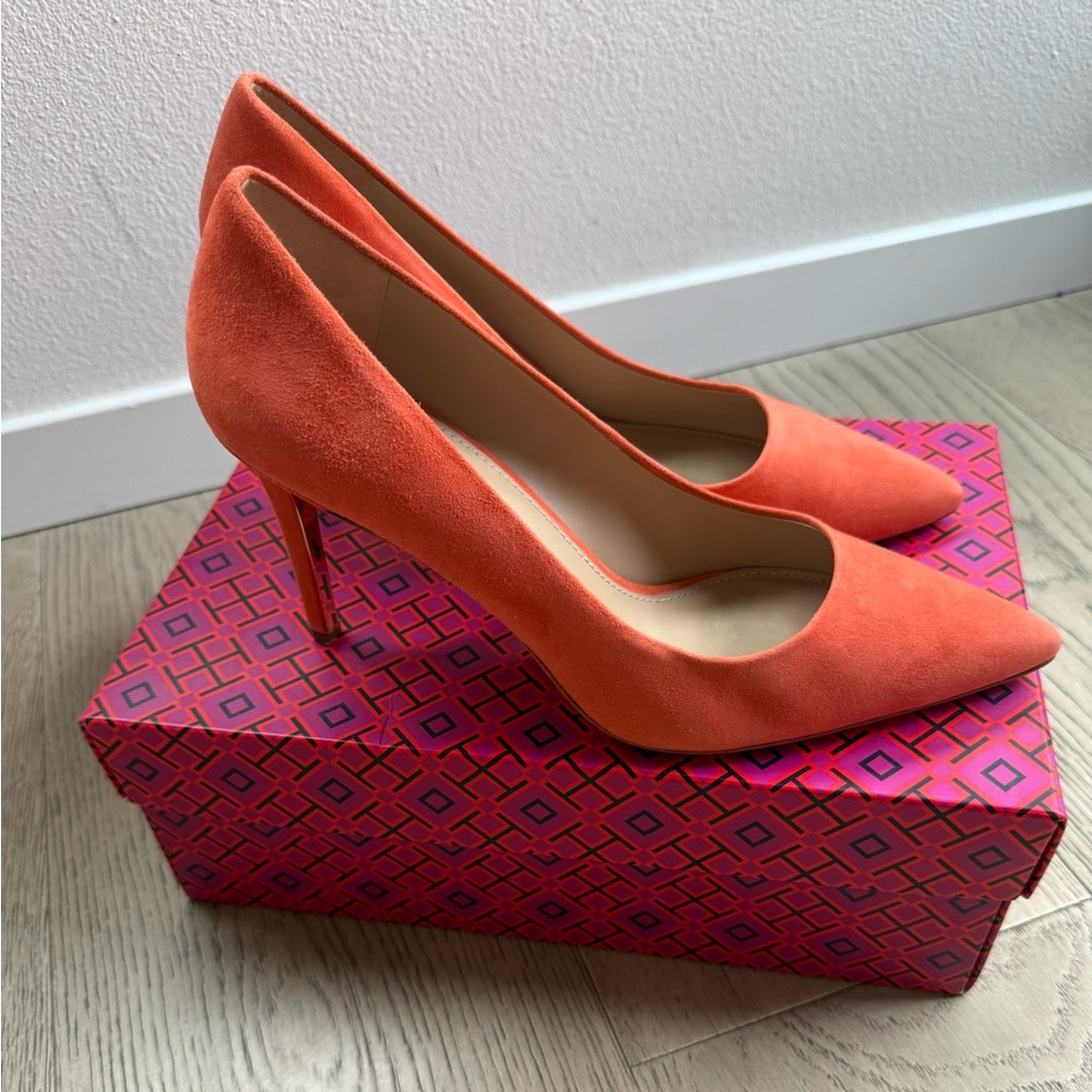 Tory Burch Coral-Orange Suede Pointed-Toe Pumps